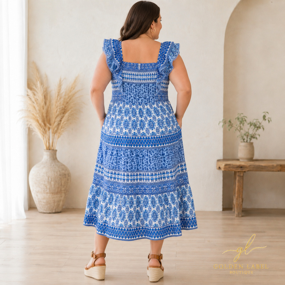 NWT Eliza J 20W Blue White Floral Smocked Midi Dress Sleeveless Pockets - Picture 5 of 8
